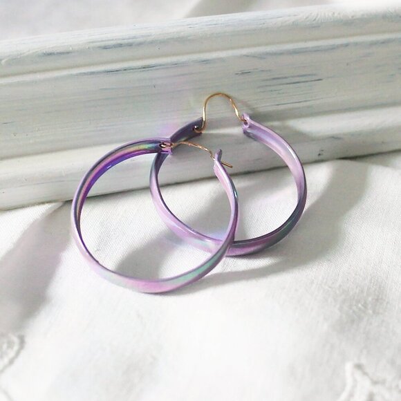 Violet Hoop Earrings, 80s Vintage Deadstock, Enamel Hoops - Picture 1 of 7